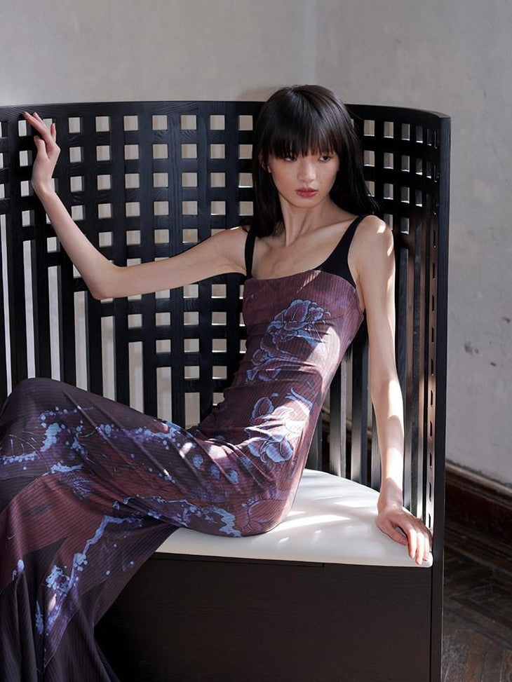 badtaste Chinese Print Patchwork Adjustable Straps Mermaid Women's Bodycon Maxi Dresses