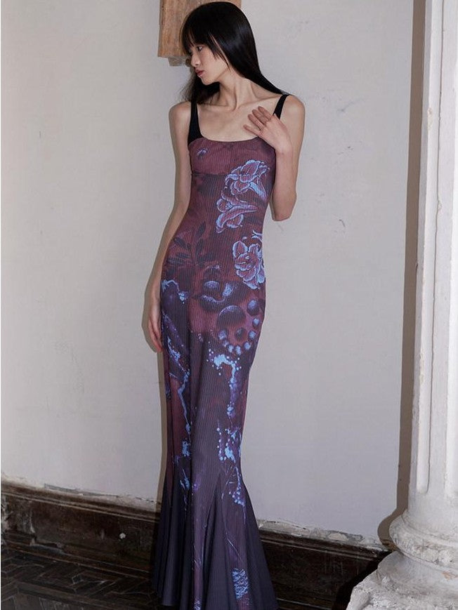 badtaste Chinese Print Patchwork Adjustable Straps Mermaid Women's Bodycon Maxi Dresses