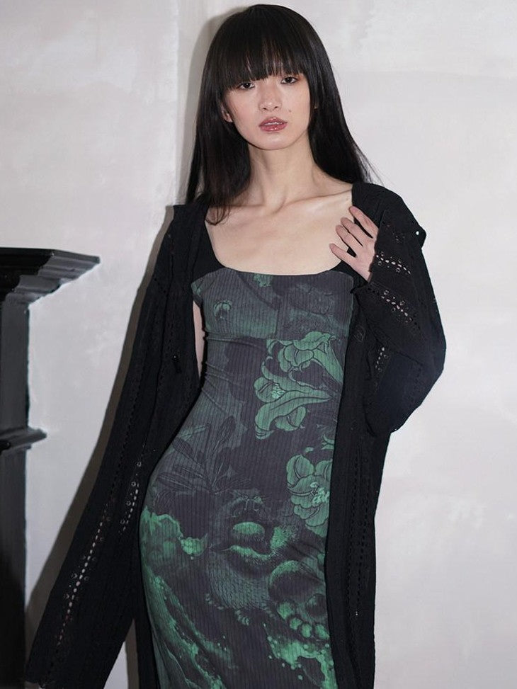 badtaste Chinese Print Patchwork Adjustable Straps Mermaid Women's Bodycon Maxi Dresses