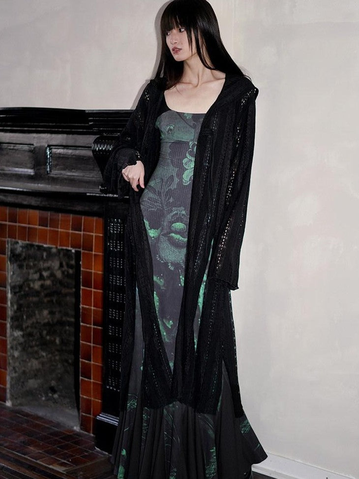 badtaste Chinese Print Patchwork Adjustable Straps Mermaid Women's Bodycon Maxi Dresses
