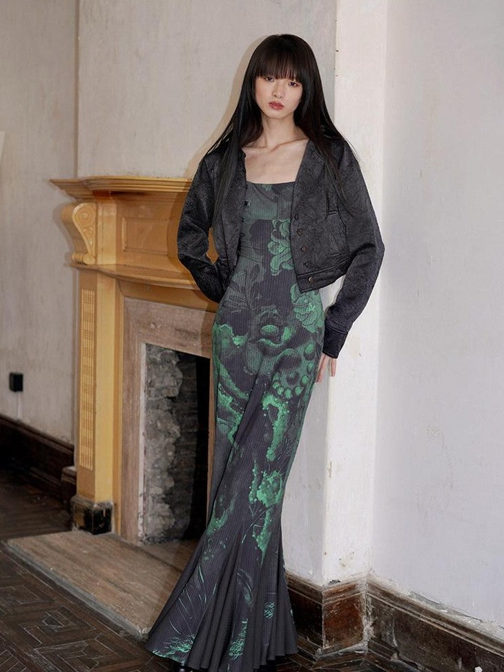 badtaste Chinese Print Patchwork Adjustable Straps Mermaid Women's Bodycon Maxi Dresses