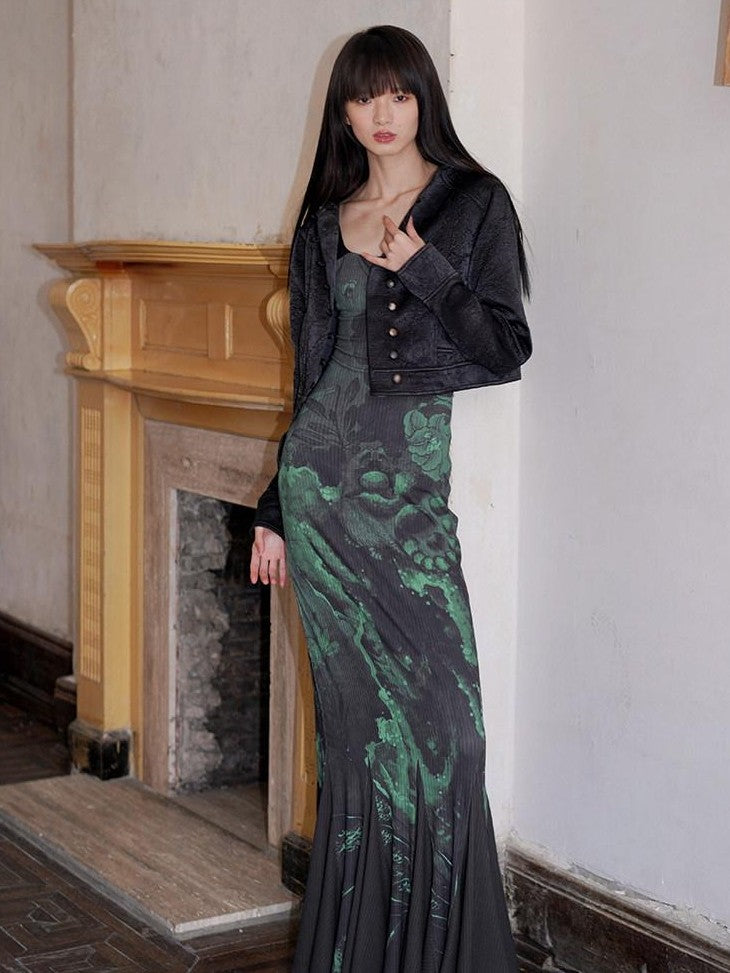 badtaste Chinese Print Patchwork Adjustable Straps Mermaid Women's Bodycon Maxi Dresses