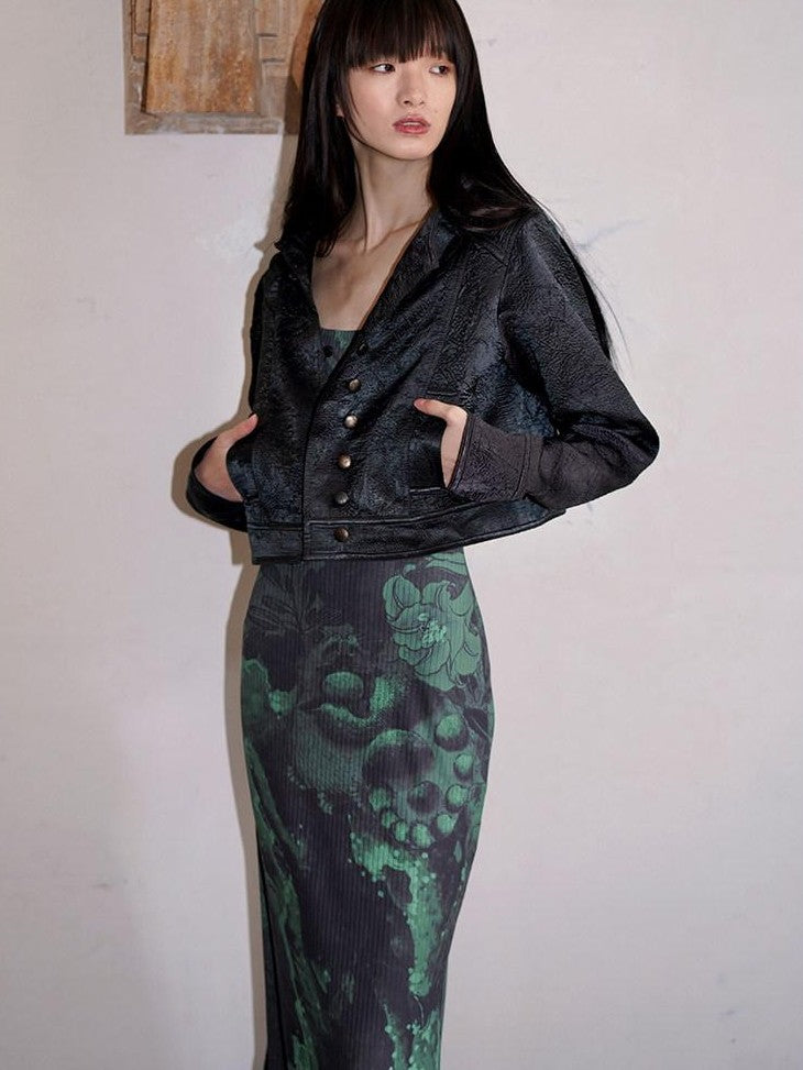 badtaste Chinese Print Patchwork Adjustable Straps Mermaid Women's Bodycon Maxi Dresses