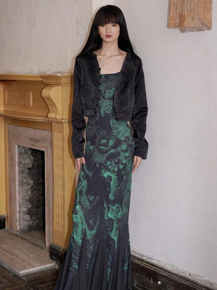 badtaste Chinese Print Patchwork Adjustable Straps Mermaid Women's Bodycon Maxi Dresses