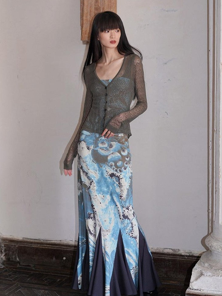 badtaste Chinese Print Patchwork Adjustable Straps Mermaid Women's Bodycon Maxi Dresses