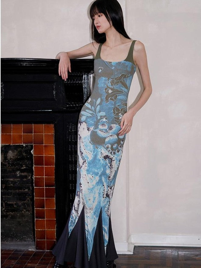 badtaste Chinese Print Patchwork Adjustable Straps Mermaid Women's Bodycon Maxi Dresses