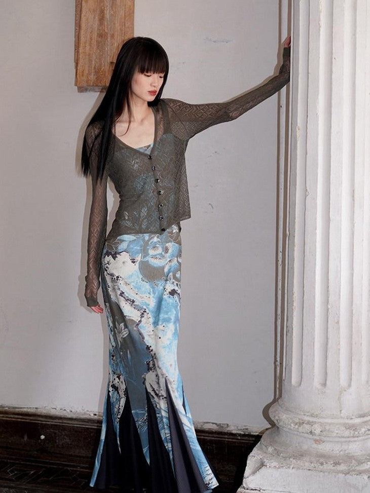 badtaste Chinese Print Patchwork Adjustable Straps Mermaid Women's Bodycon Maxi Dresses