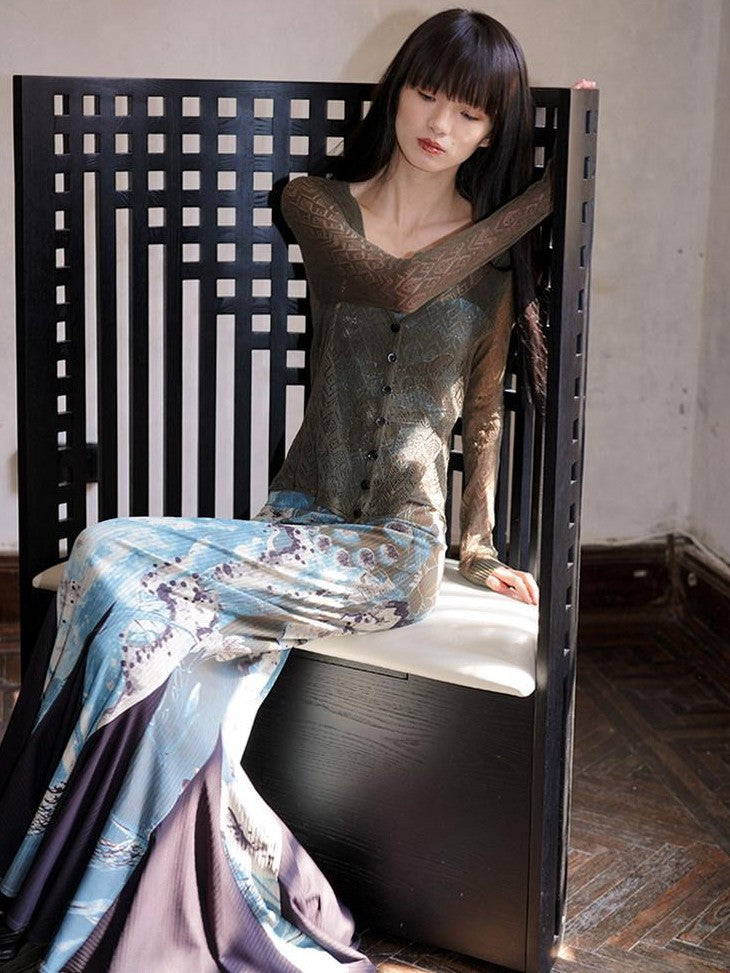 badtaste Chinese Print Patchwork Adjustable Straps Mermaid Women's Bodycon Maxi Dresses