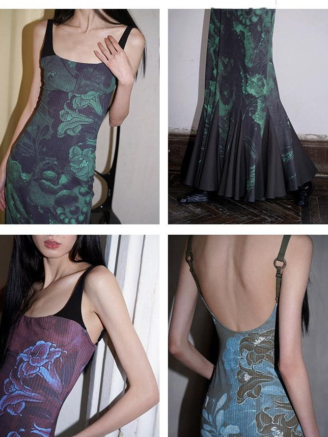 badtaste Chinese Print Patchwork Adjustable Straps Mermaid Women's Bodycon Maxi Dresses
