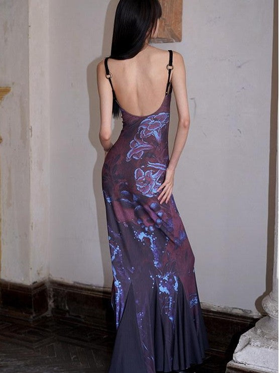 badtaste Chinese Print Patchwork Adjustable Straps Mermaid Women's Bodycon Maxi Dresses