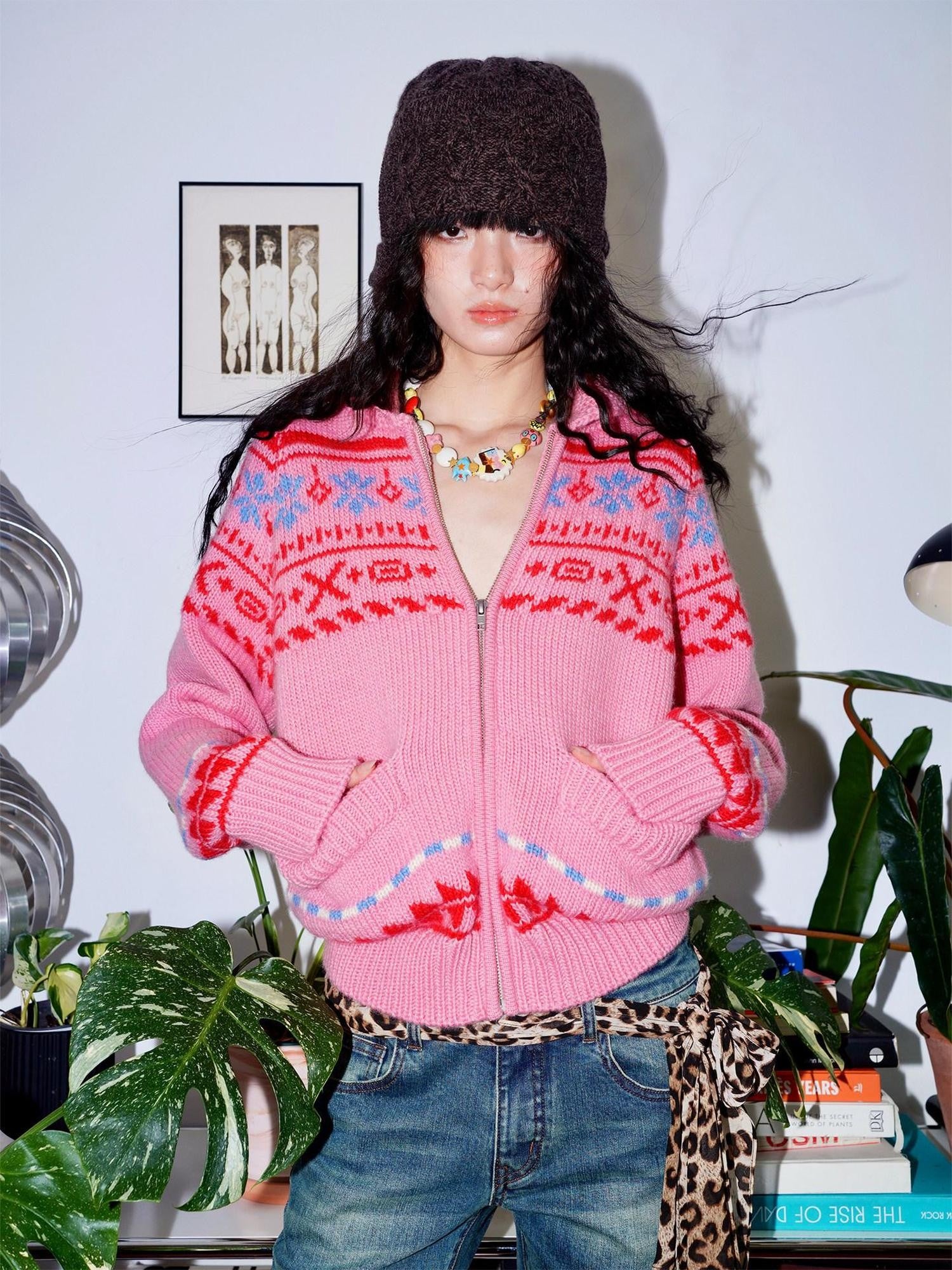 badtaste Chunky Fair Isle Knit Thick Loose Fit Women's 100 Percent Wool Cardigans