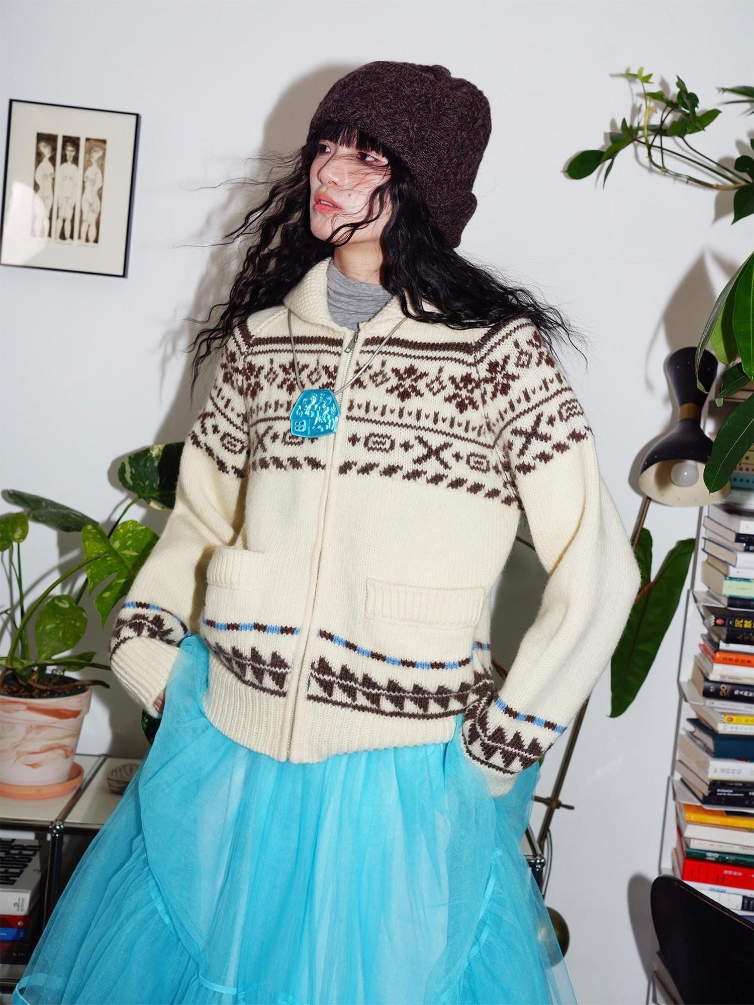 badtaste Chunky Fair Isle Knit Thick Loose Fit Women's 100 Percent Wool Cardigans