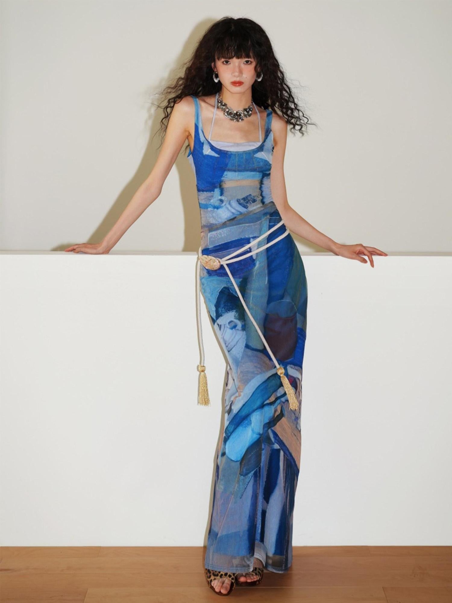 badtaste Classic Print Faux Layered Slimming Women's Mesh Slip Maxi Dresses