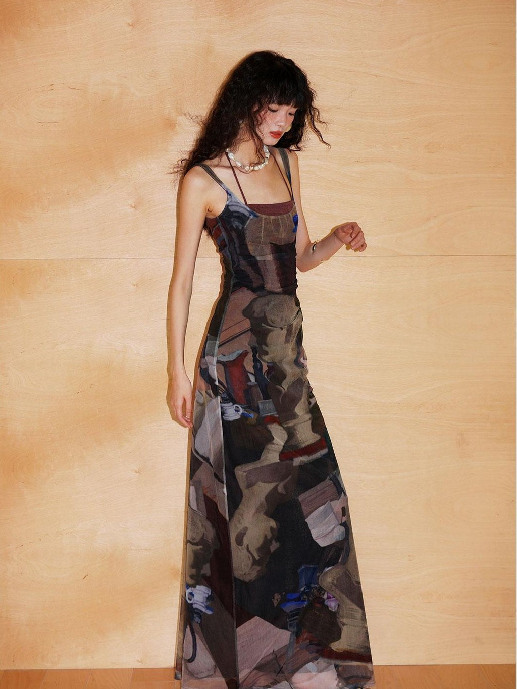 badtaste Classic Print Faux Layered Slimming Women's Mesh Slip Maxi Dresses