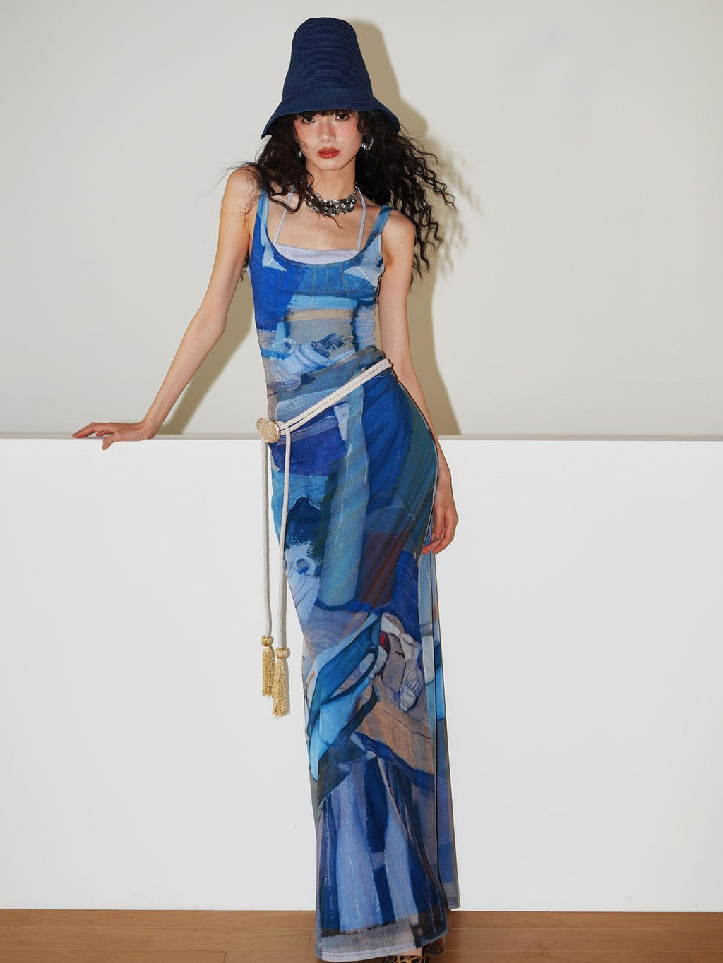 badtaste Classic Print Faux Layered Slimming Women's Mesh Slip Maxi Dresses