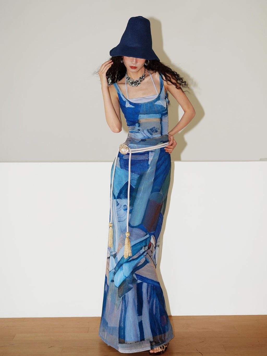 badtaste Classic Print Faux Layered Slimming Women's Mesh Slip Maxi Dresses