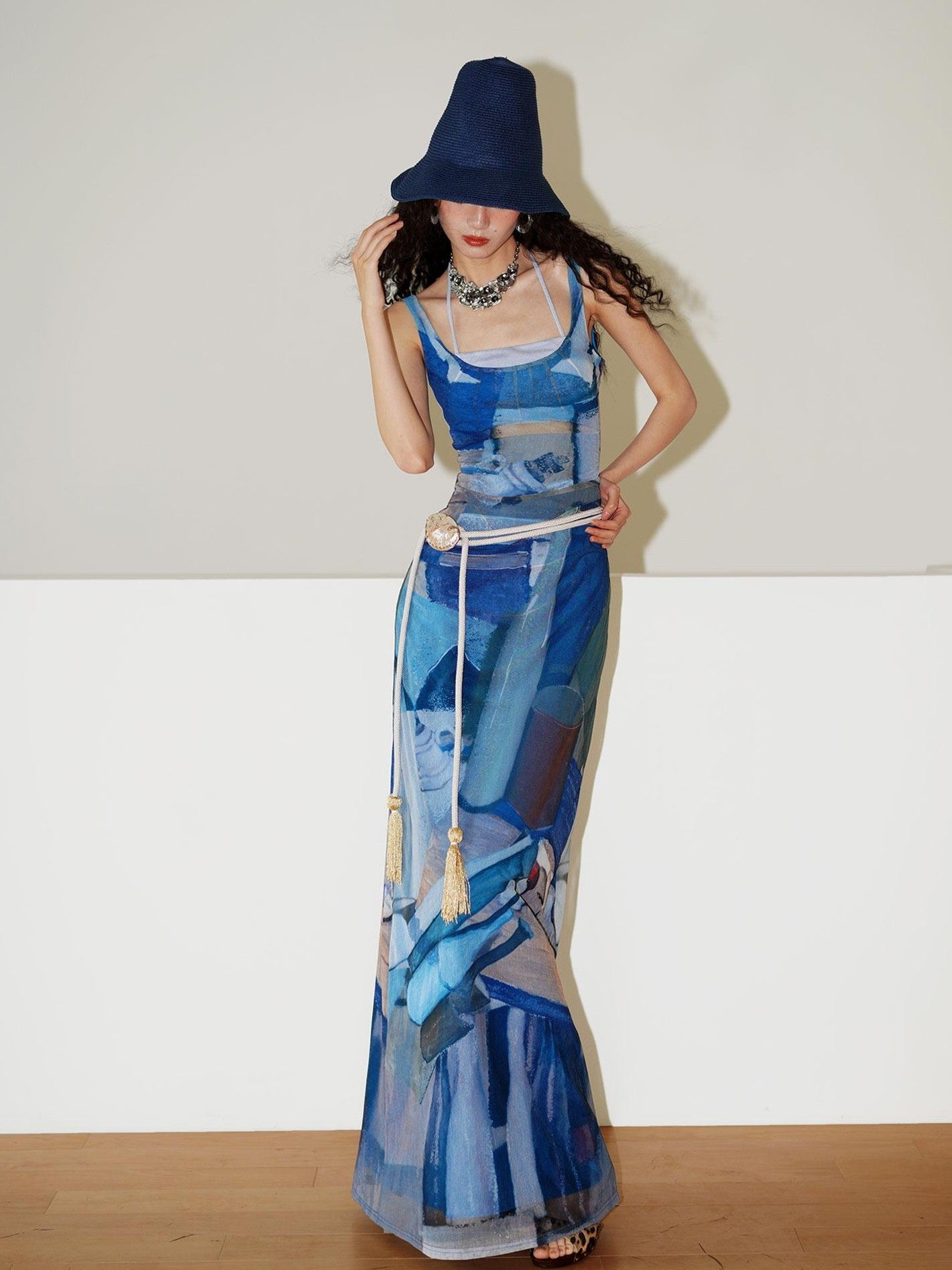 badtaste Classic Print Faux Layered Slimming Women's Mesh Slip Maxi Dresses