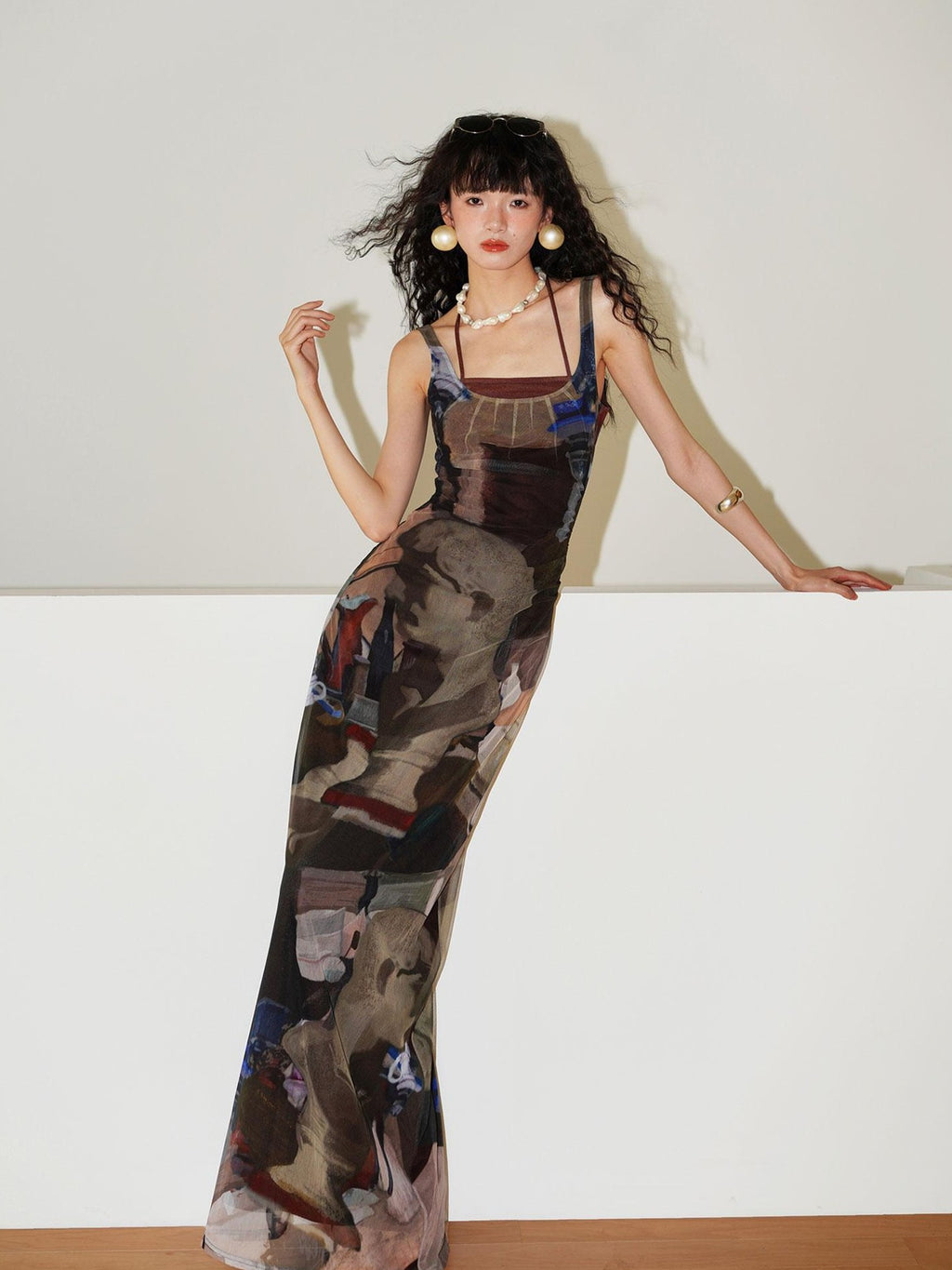 badtaste Classic Print Faux Layered Slimming Women's Mesh Slip Maxi Dresses