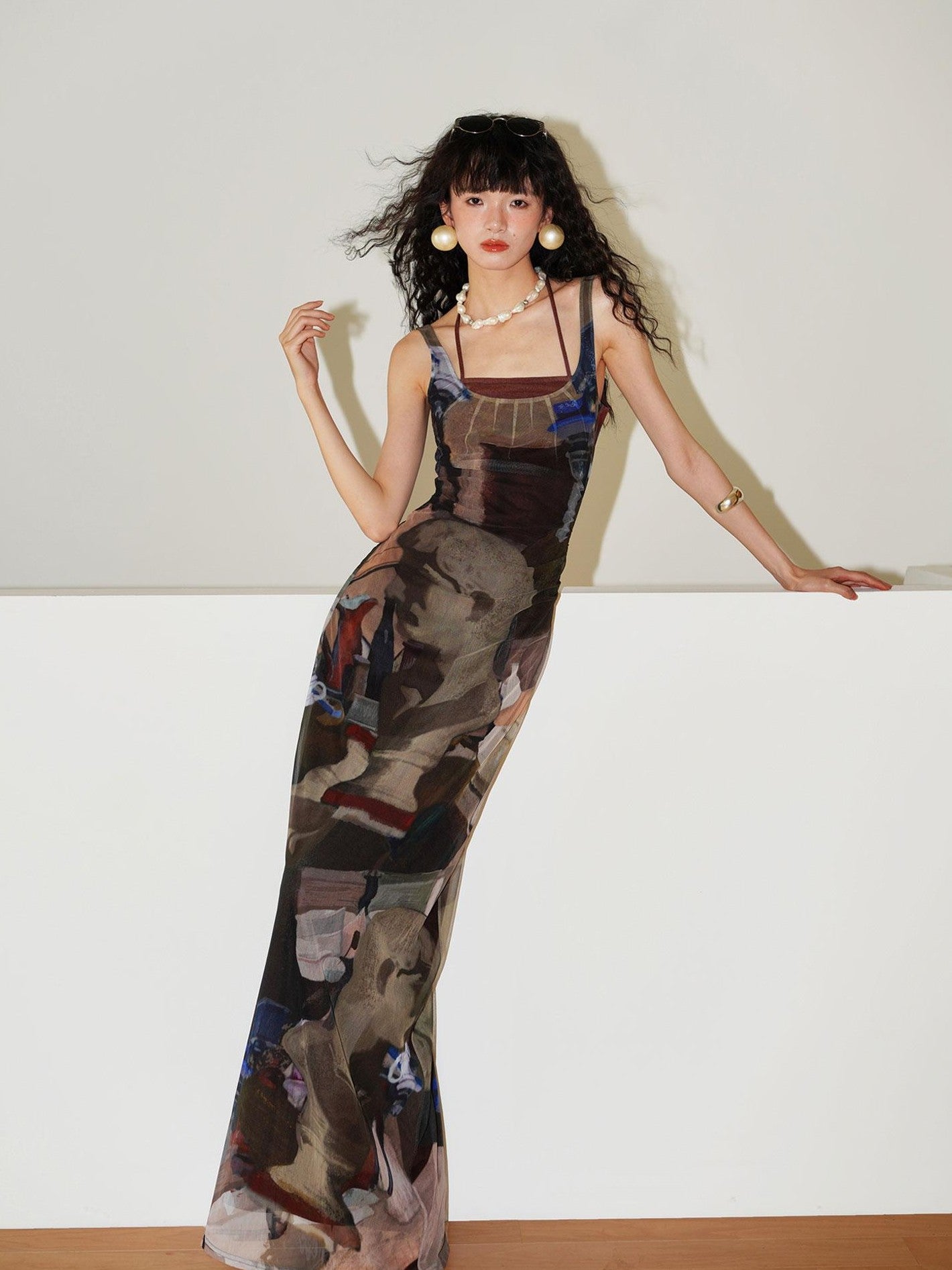 badtaste Classic Print Faux Layered Slimming Women's Mesh Slip Maxi Dresses