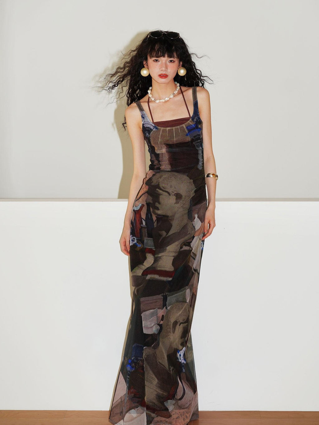 badtaste Classic Print Faux Layered Slimming Women's Mesh Slip Maxi Dresses