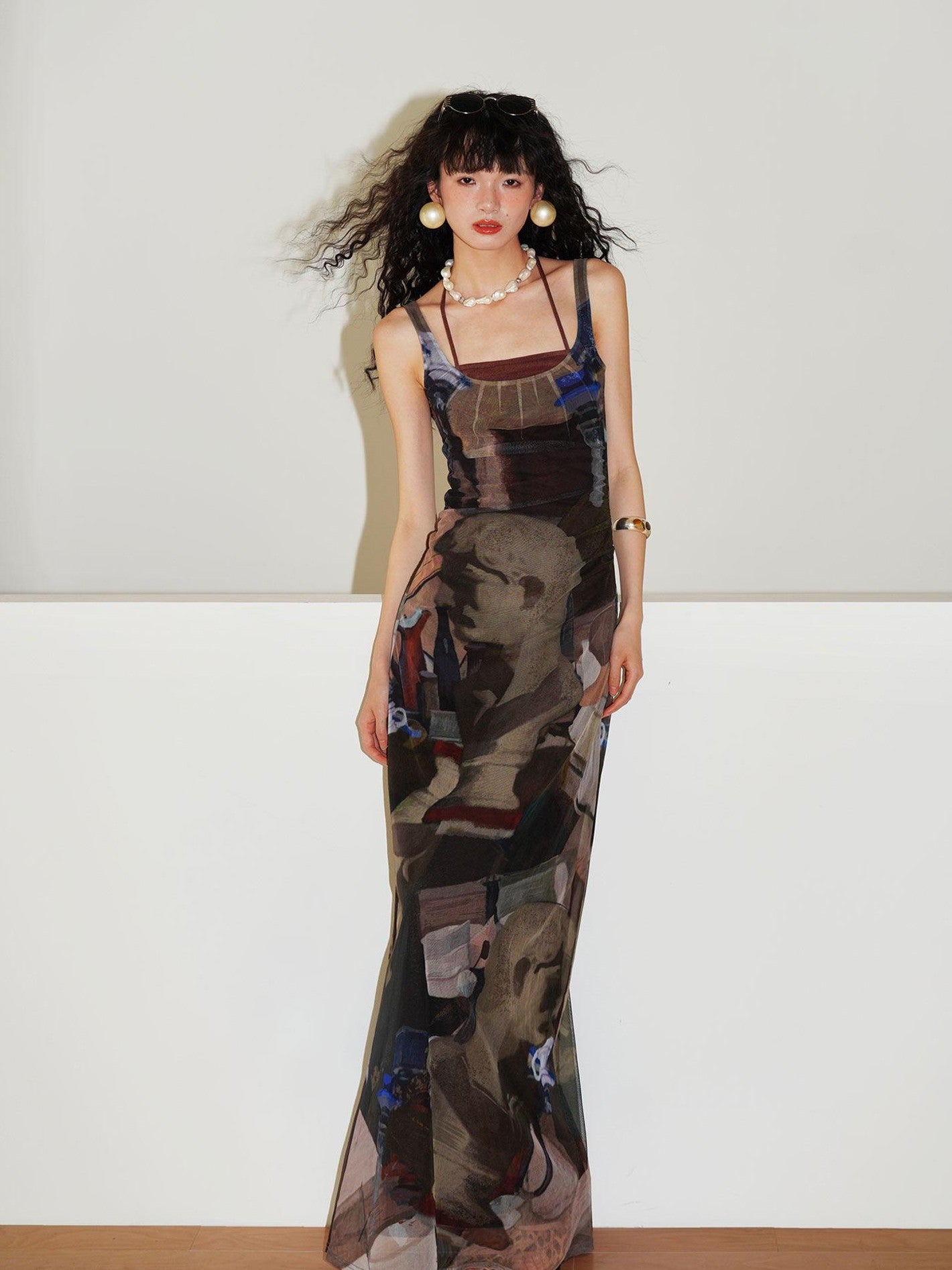 badtaste Classic Print Faux Layered Slimming Women's Mesh Slip Maxi Dresses