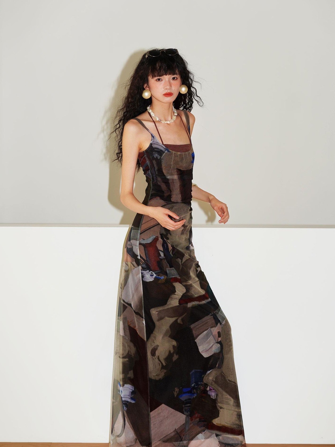 badtaste Classic Print Faux Layered Slimming Women's Mesh Slip Maxi Dresses