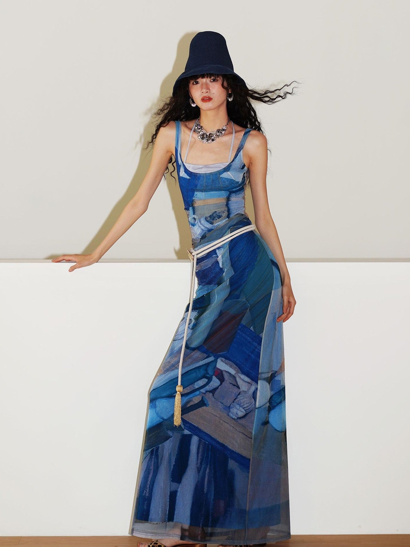 badtaste Classic Print Faux Layered Slimming Women's Mesh Slip Maxi Dresses