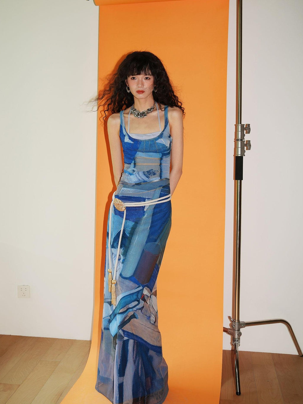 badtaste Classic Print Faux Layered Slimming Women's Mesh Slip Maxi Dresses