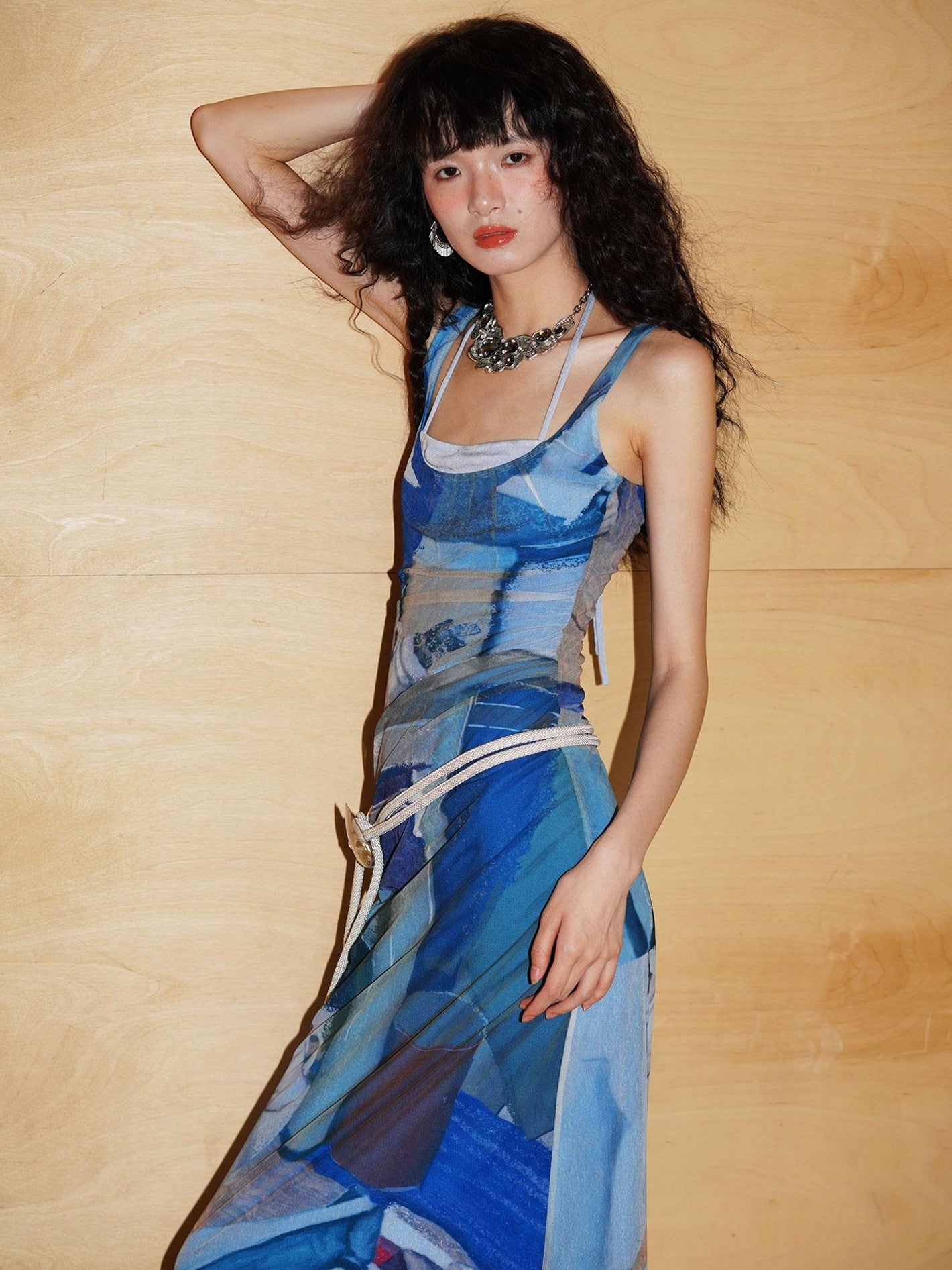 badtaste Classic Print Faux Layered Slimming Women's Mesh Slip Maxi Dresses