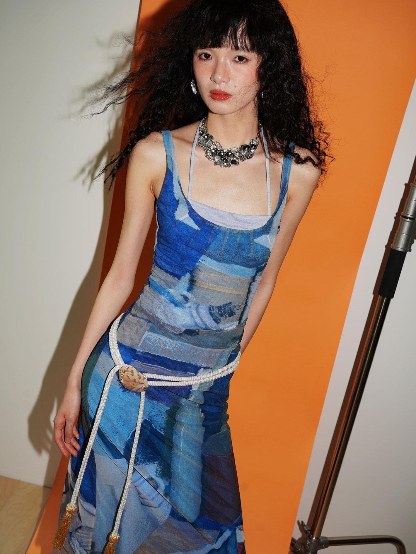 badtaste Classic Print Faux Layered Slimming Women's Mesh Slip Maxi Dresses