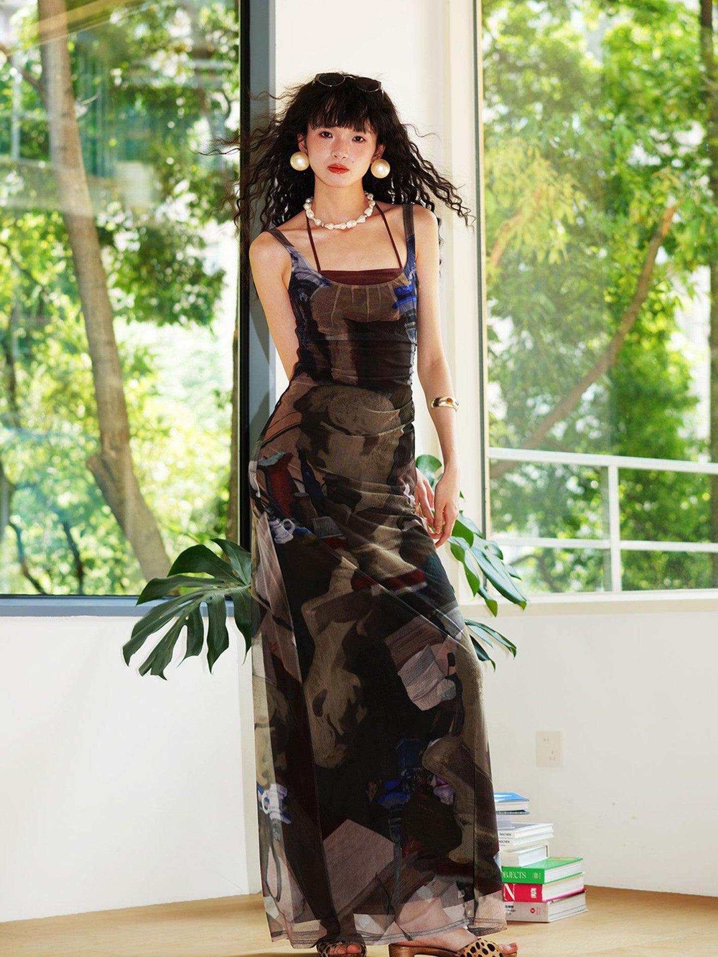 badtaste Classic Print Faux Layered Slimming Women's Mesh Slip Maxi Dresses