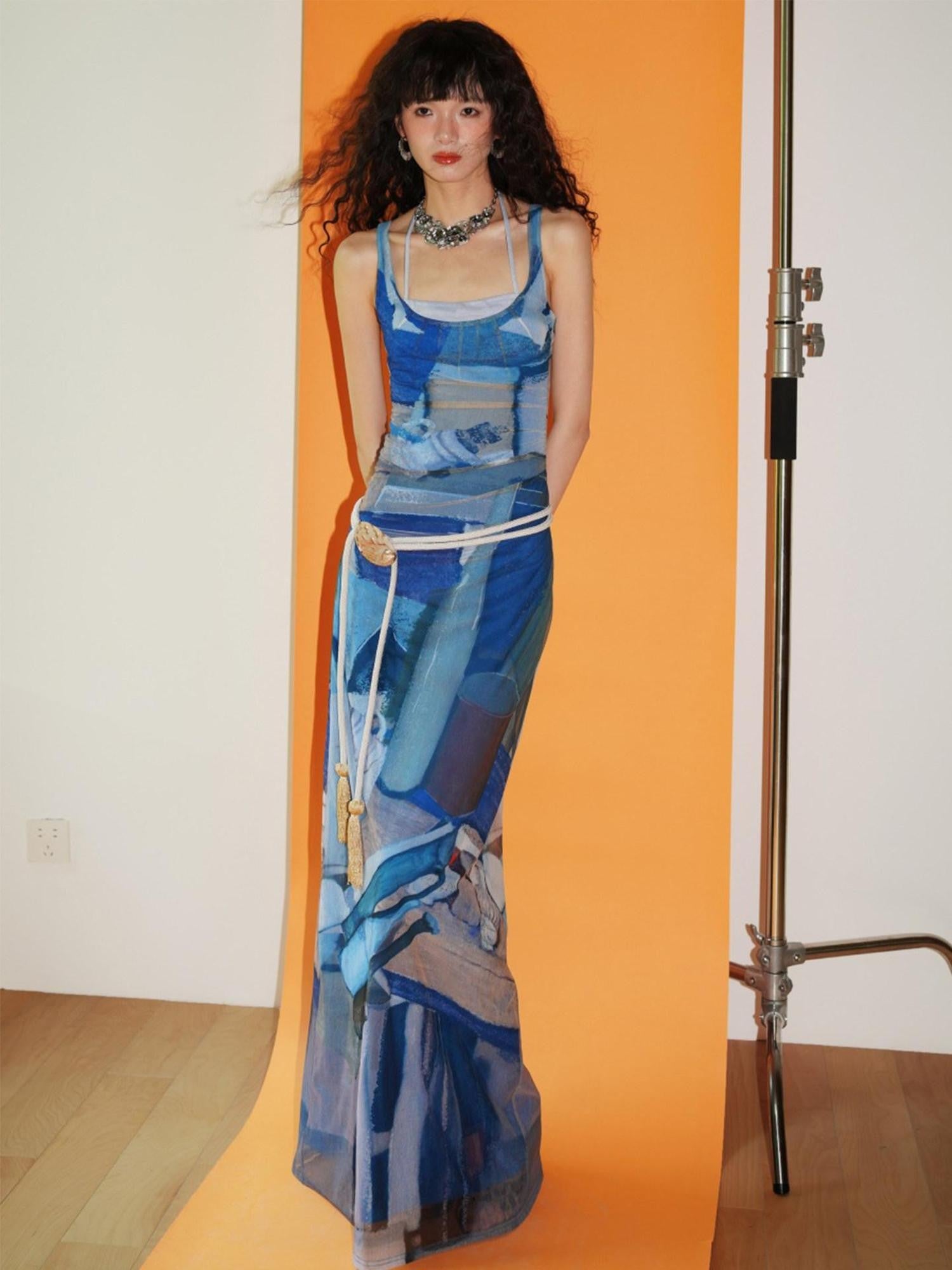 badtaste Classic Print Faux Layered Slimming Women's Mesh Slip Maxi Dresses