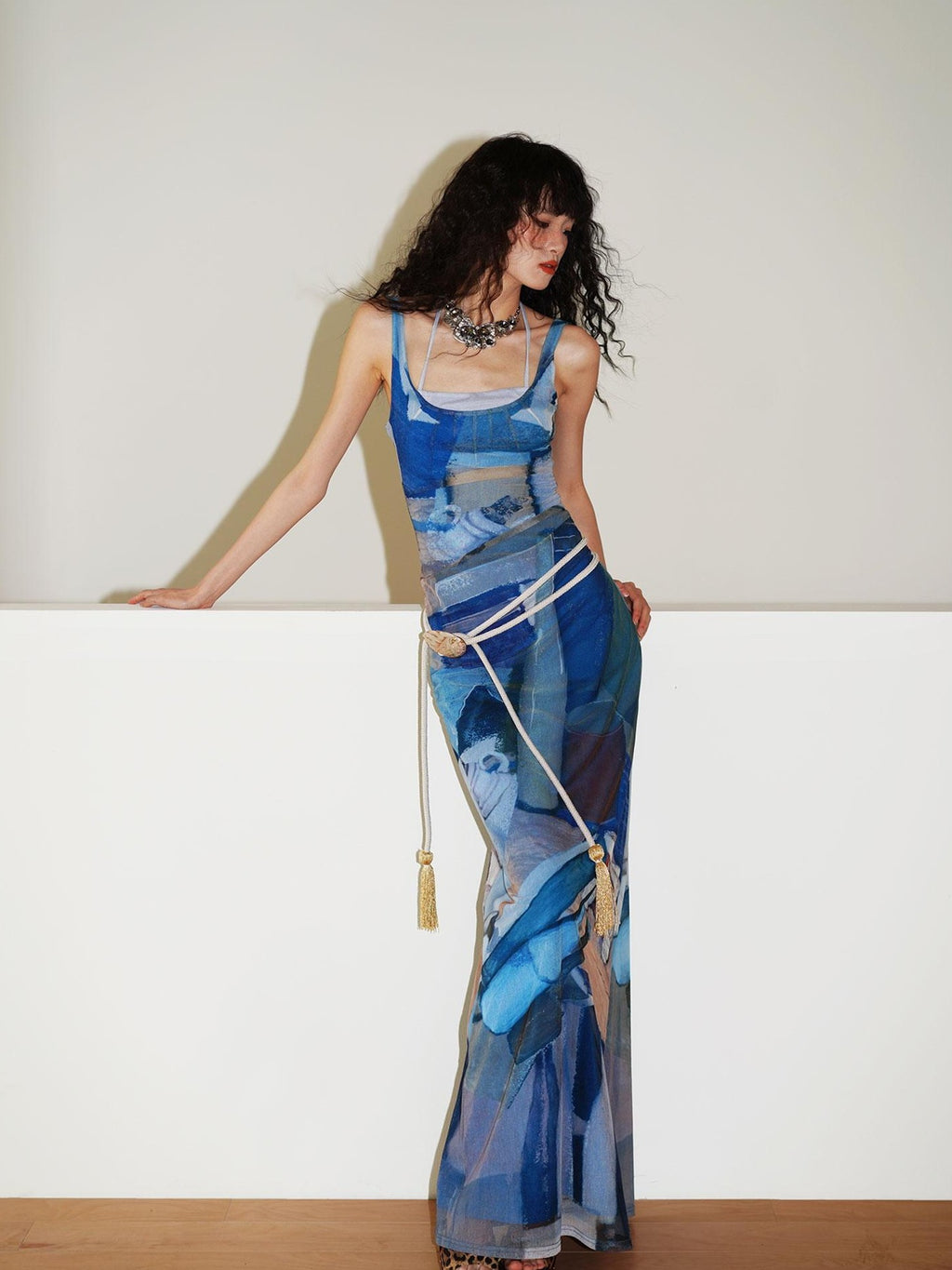 badtaste Classic Print Faux Layered Slimming Women's Mesh Slip Maxi Dresses