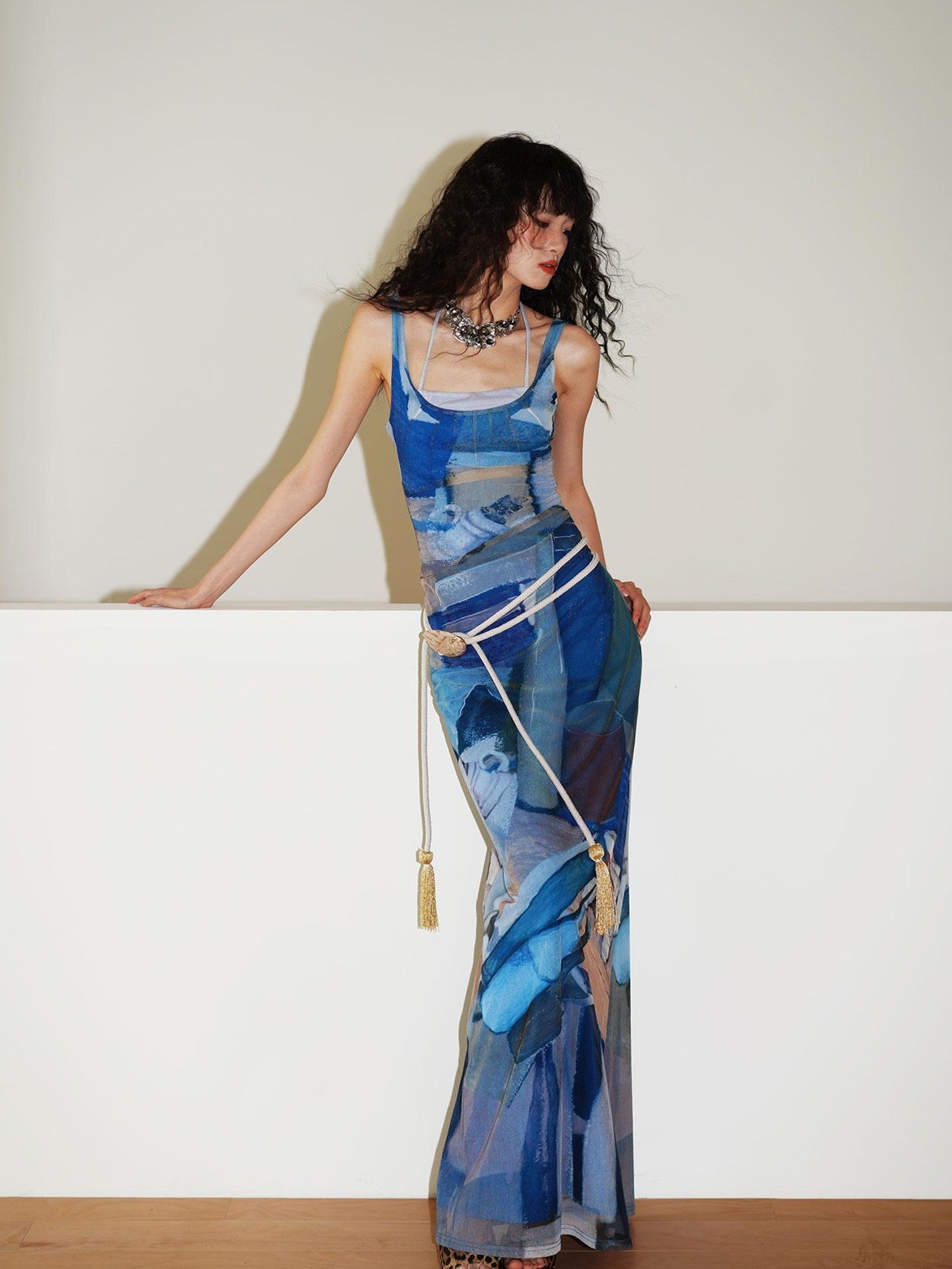badtaste Classic Print Faux Layered Slimming Women's Mesh Slip Maxi Dresses