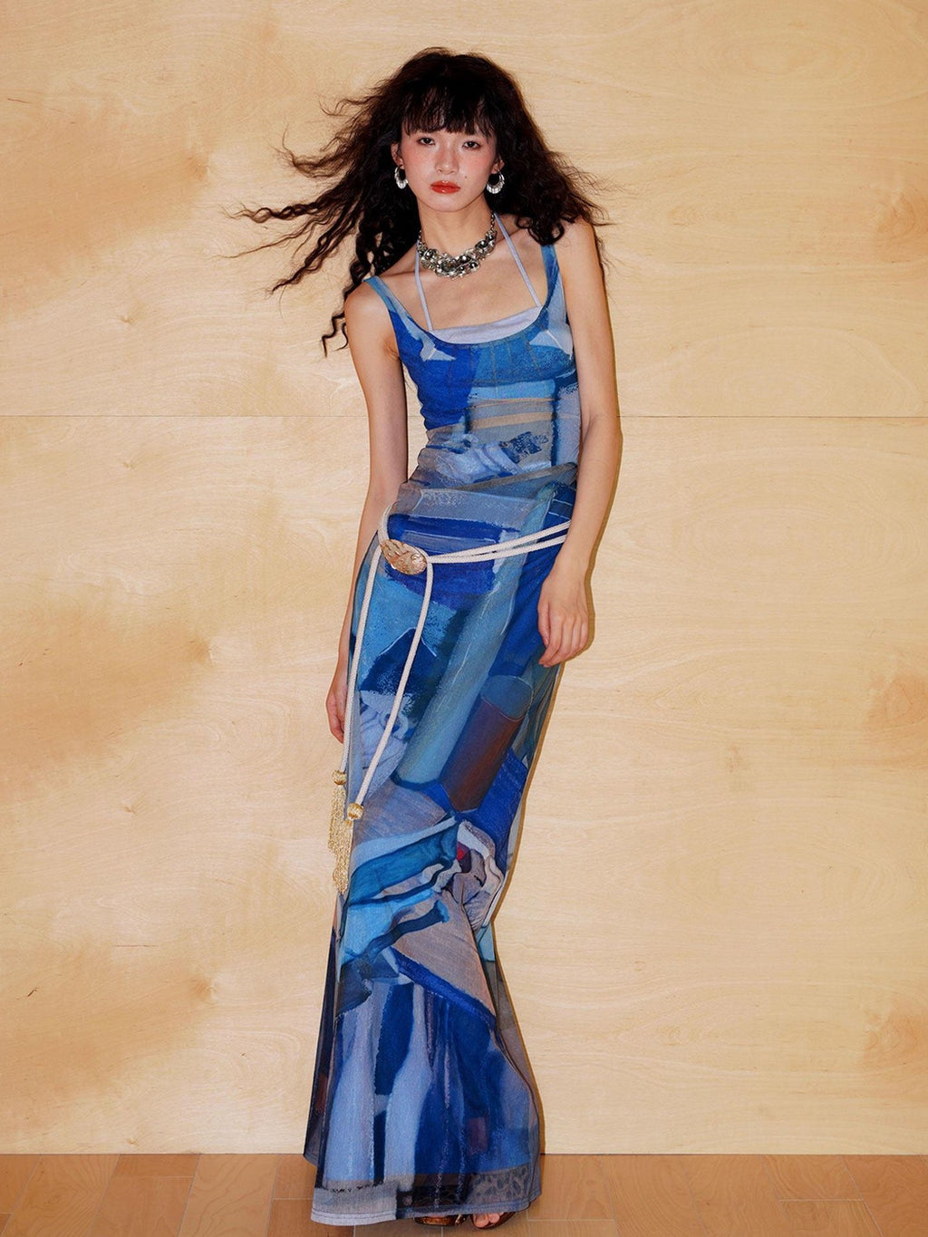 badtaste Classic Print Faux Layered Slimming Women's Mesh Slip Maxi Dresses