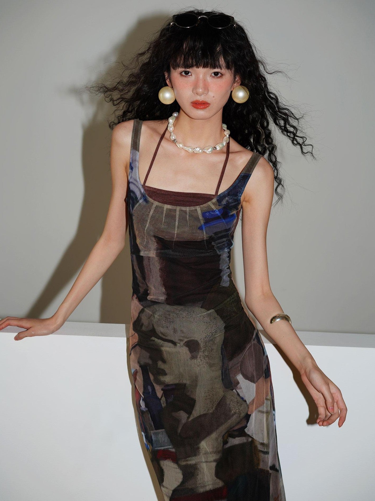 badtaste Classic Print Faux Layered Slimming Women's Mesh Slip Maxi Dresses