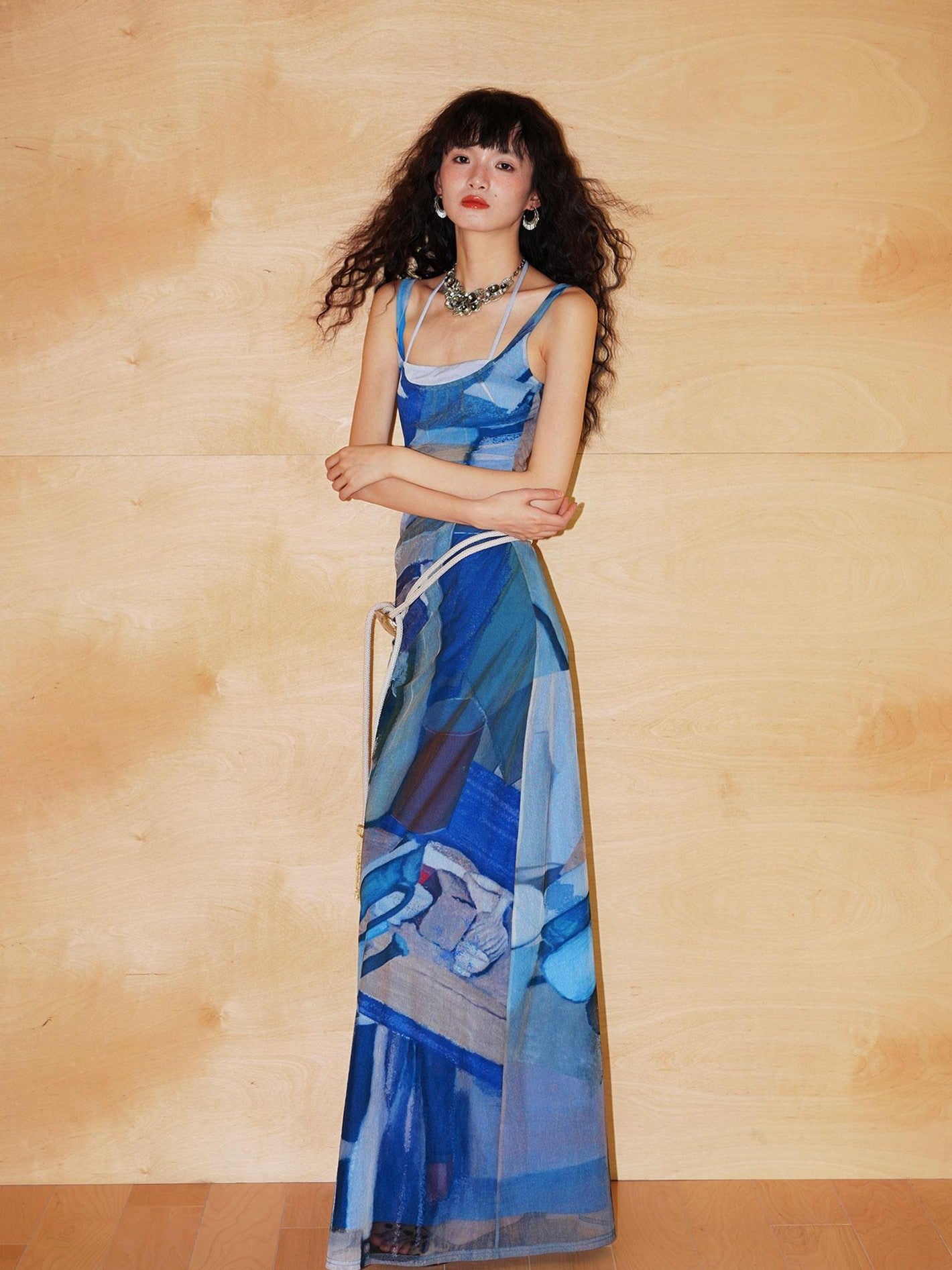 badtaste Classic Print Faux Layered Slimming Women's Mesh Slip Maxi Dresses