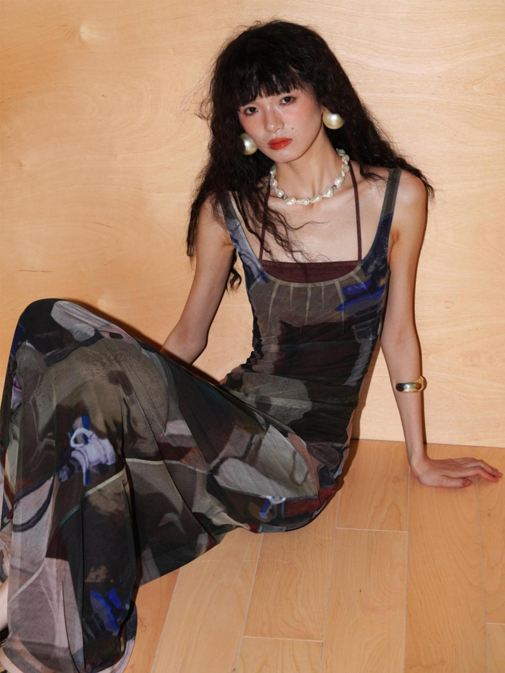 badtaste Classic Print Faux Layered Slimming Women's Mesh Slip Maxi Dresses