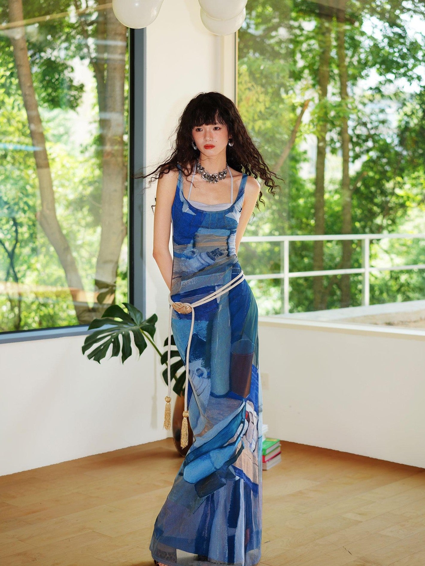 badtaste Classic Print Faux Layered Slimming Women's Mesh Slip Maxi Dresses