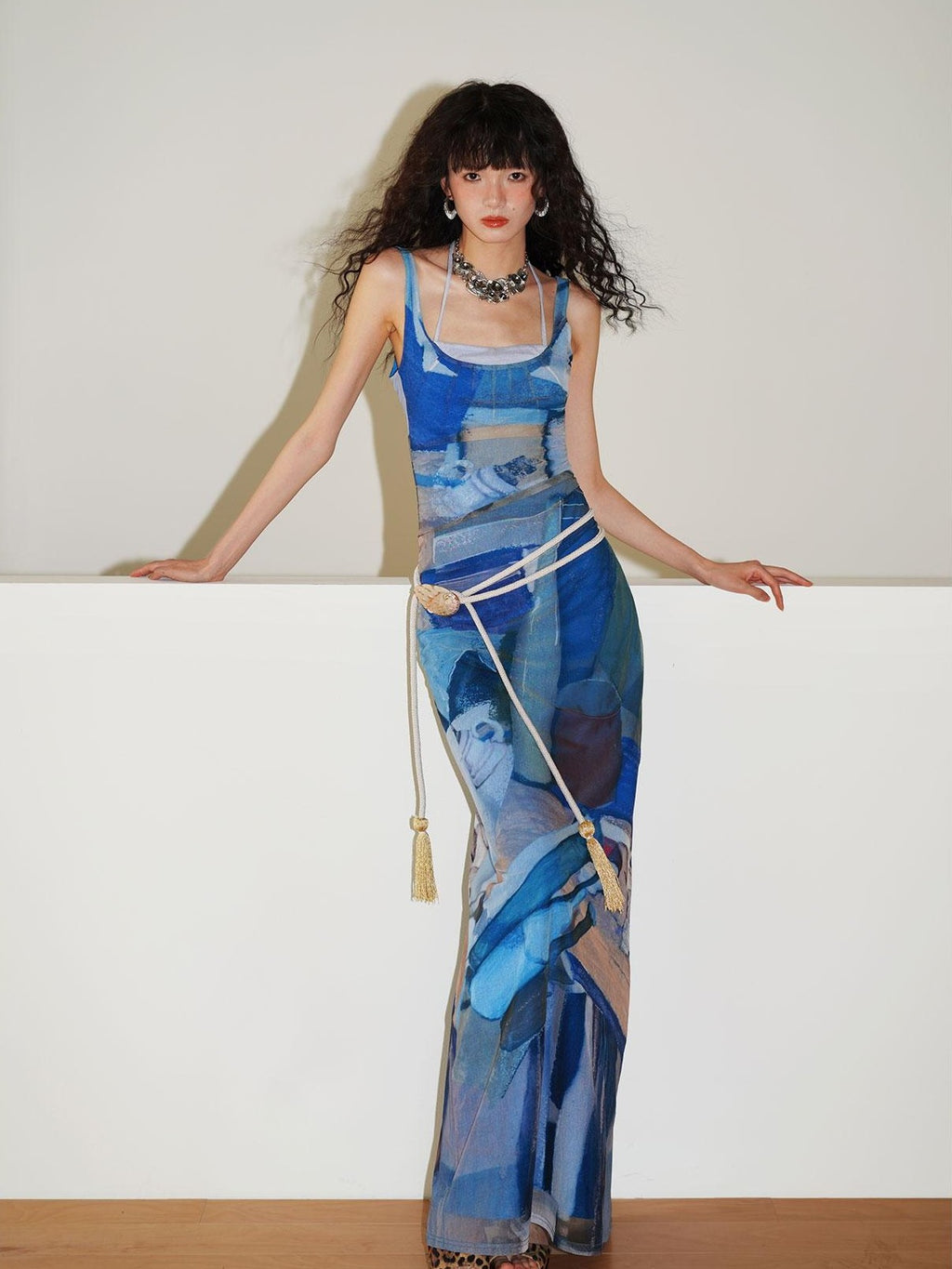badtaste Classic Print Faux Layered Slimming Women's Mesh Slip Maxi Dresses