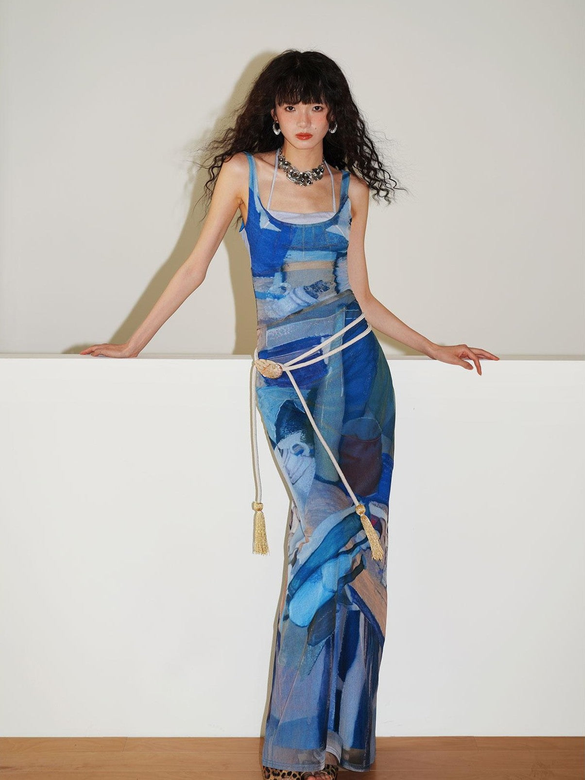 badtaste Classic Print Faux Layered Slimming Women's Mesh Slip Maxi Dresses
