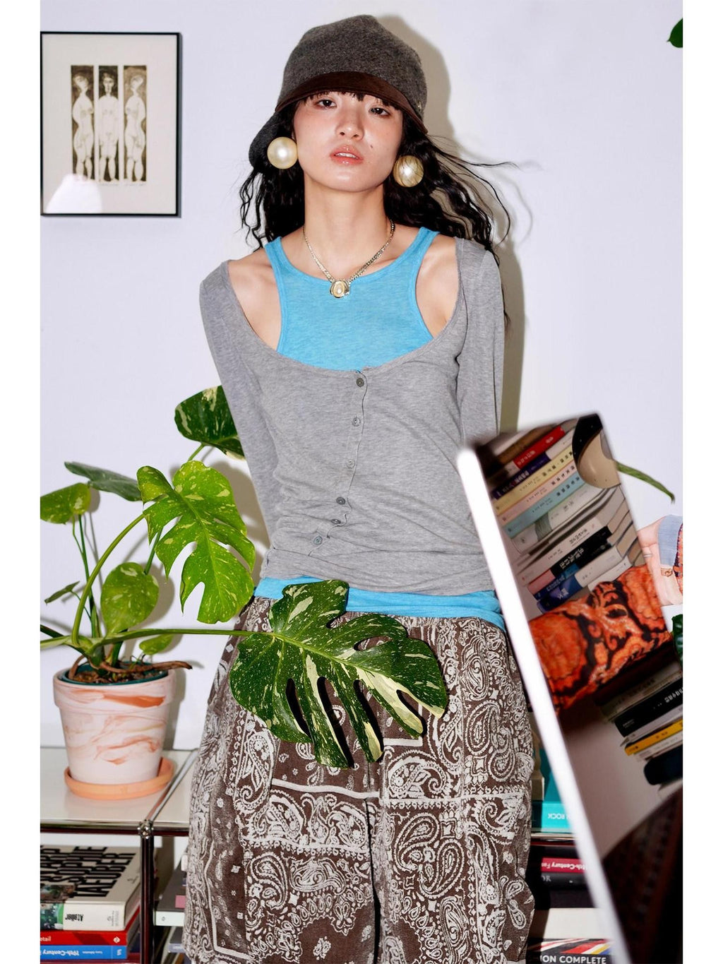 badtaste Colorblock Faux Two Layer Slim Women's Tencel Wool Long Sleeve T-shirts