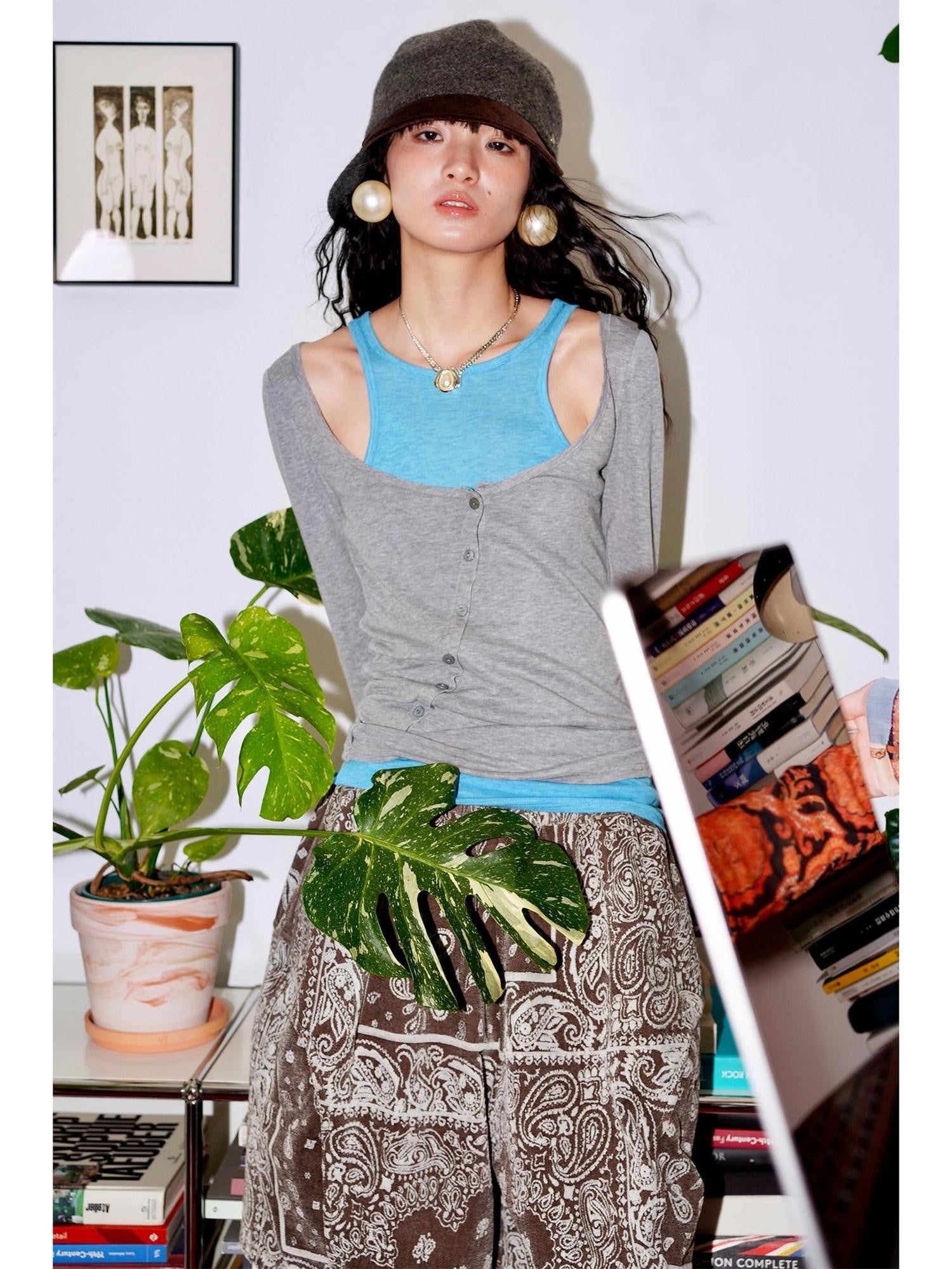 badtaste Colorblock Faux Two Layer Slim Women's Tencel Wool Long Sleeve T-shirts