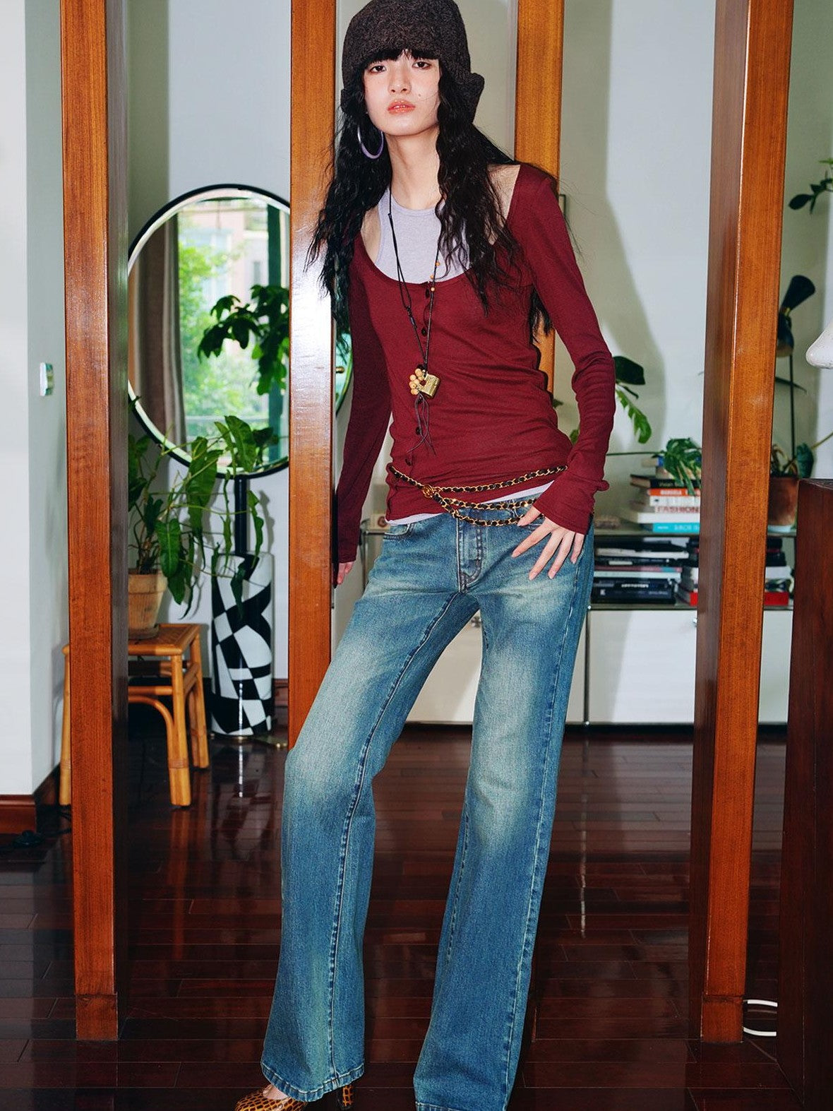 badtaste Colorblock Faux Two Layer Slim Women's Tencel Wool Long Sleeve T-shirts