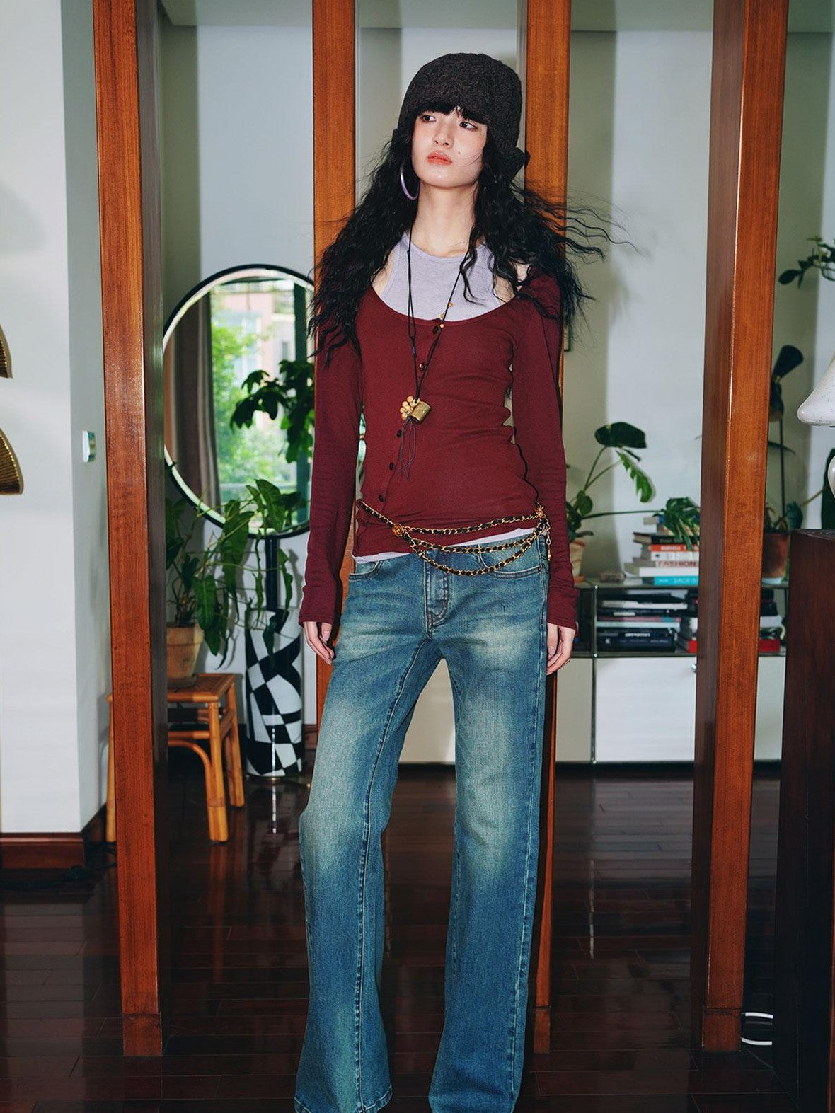 badtaste Colorblock Faux Two Layer Slim Women's Tencel Wool Long Sleeve T-shirts