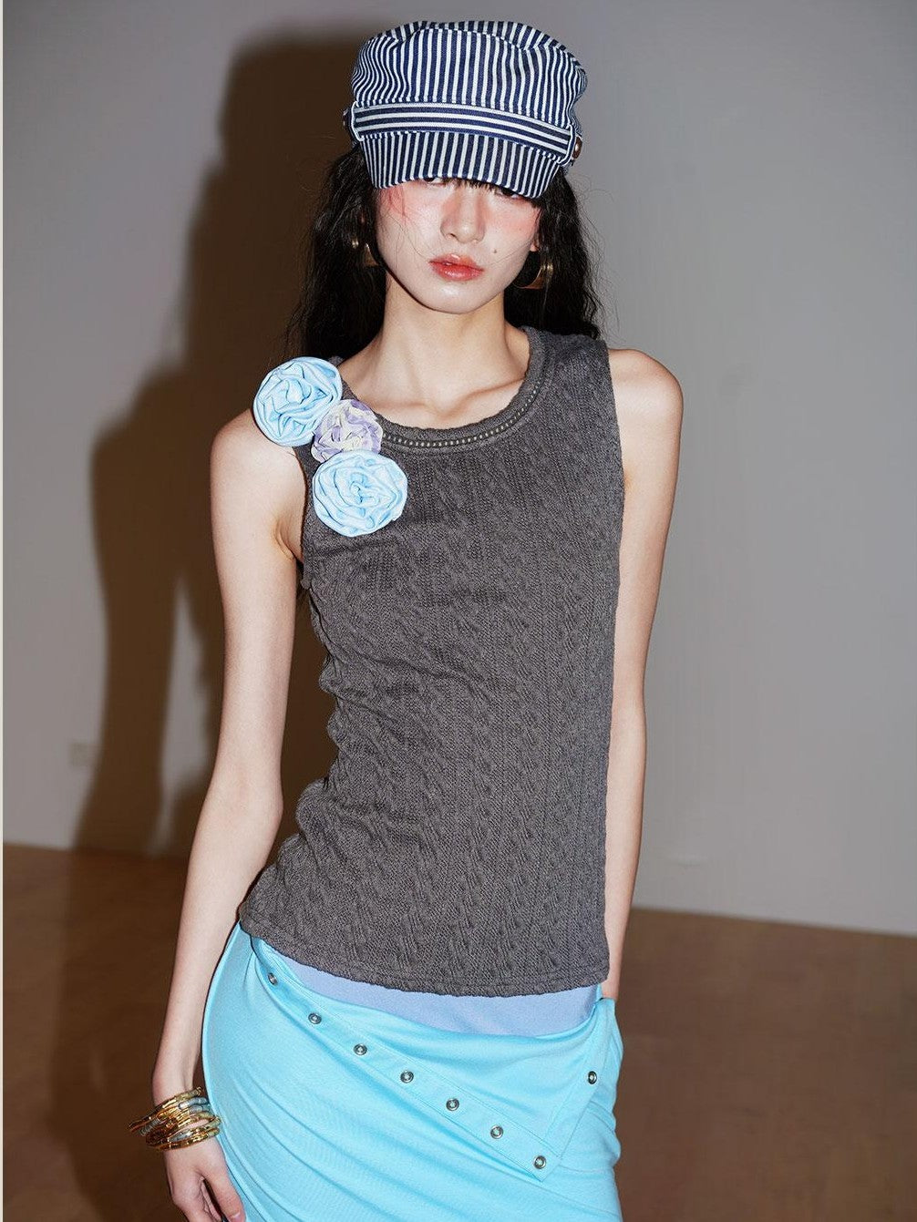 badtaste Colorblock Floral Jacquard Slim Fit Women's Knitted Tank Tops