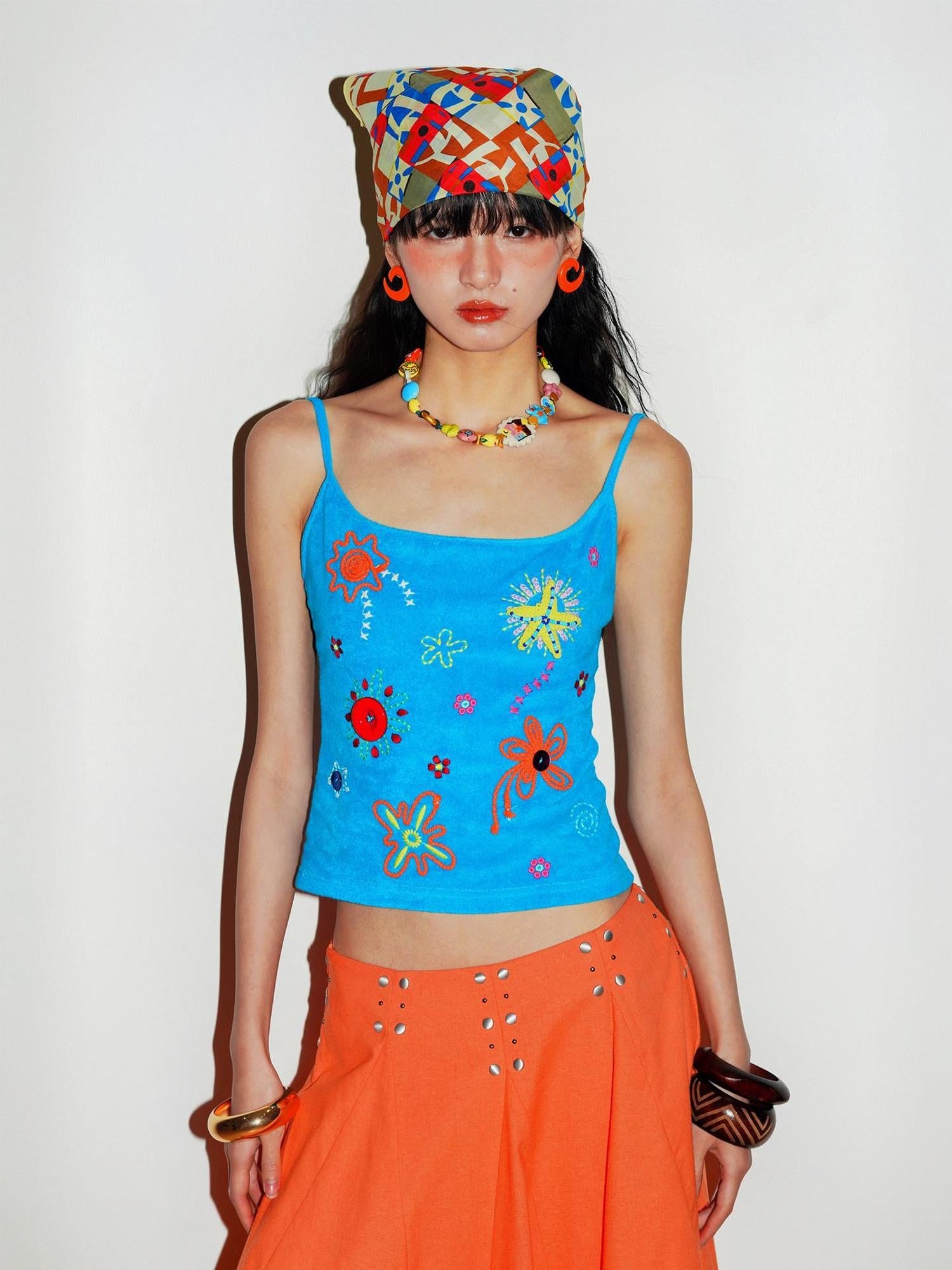 badtaste Colorblock Floral Rope Embroidery U Neck Women's Terry Knit Camisoles