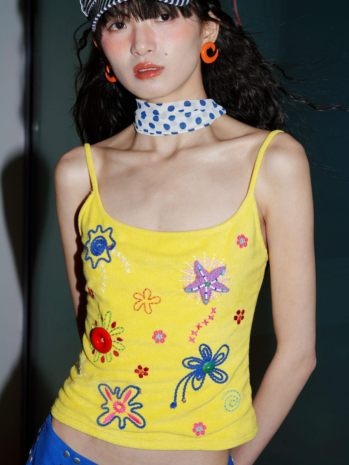 badtaste Colorblock Floral Rope Embroidery U Neck Women's Terry Knit Camisoles