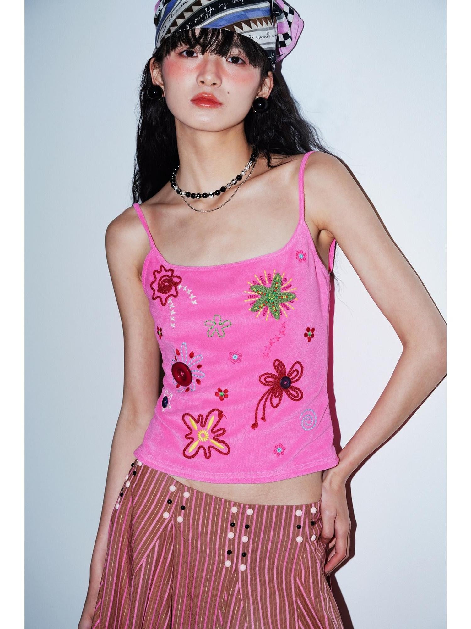 badtaste Colorblock Floral Rope Embroidery U Neck Women's Terry Knit Camisoles