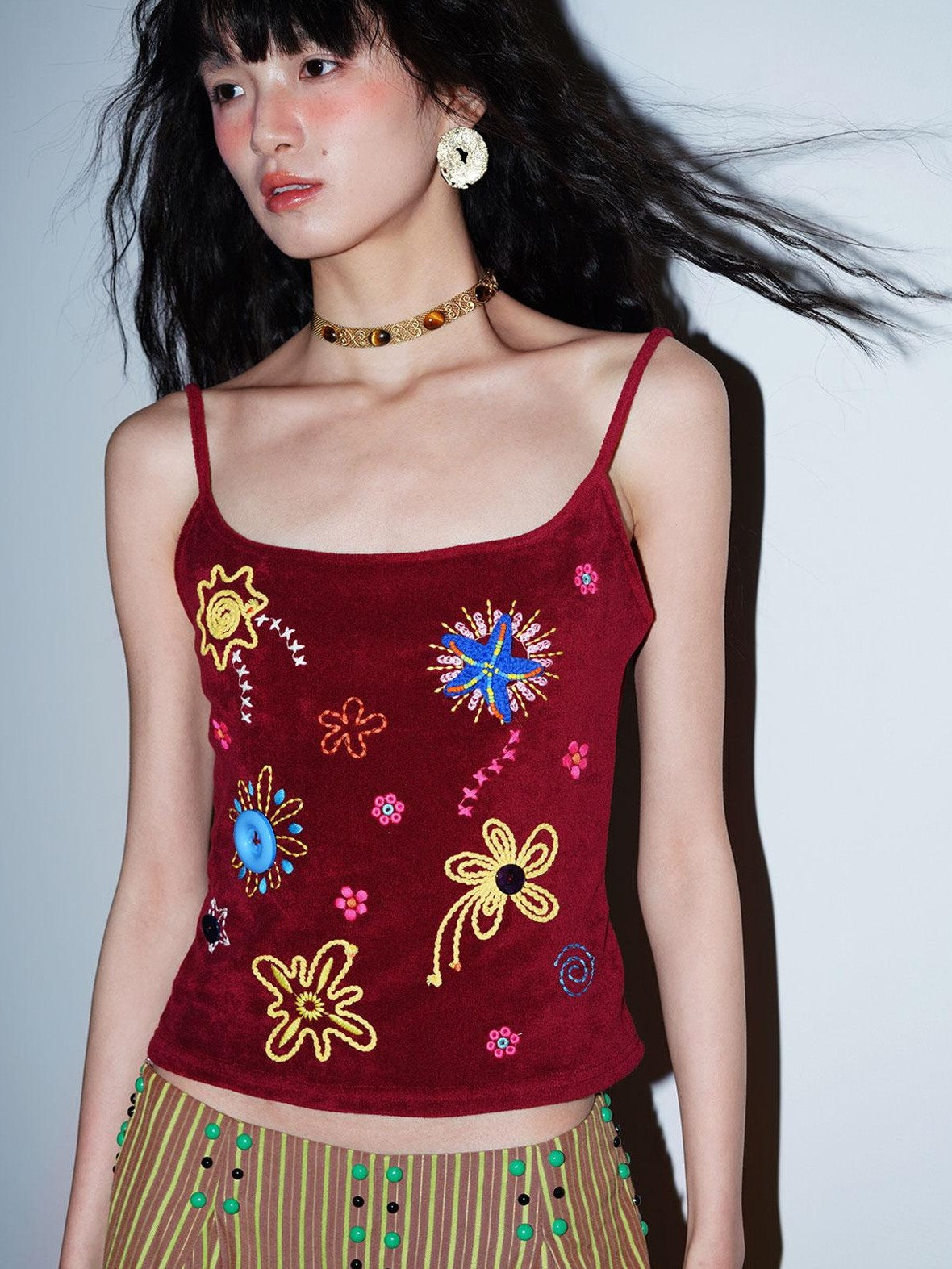 badtaste Colorblock Floral Rope Embroidery U Neck Women's Terry Knit Camisoles